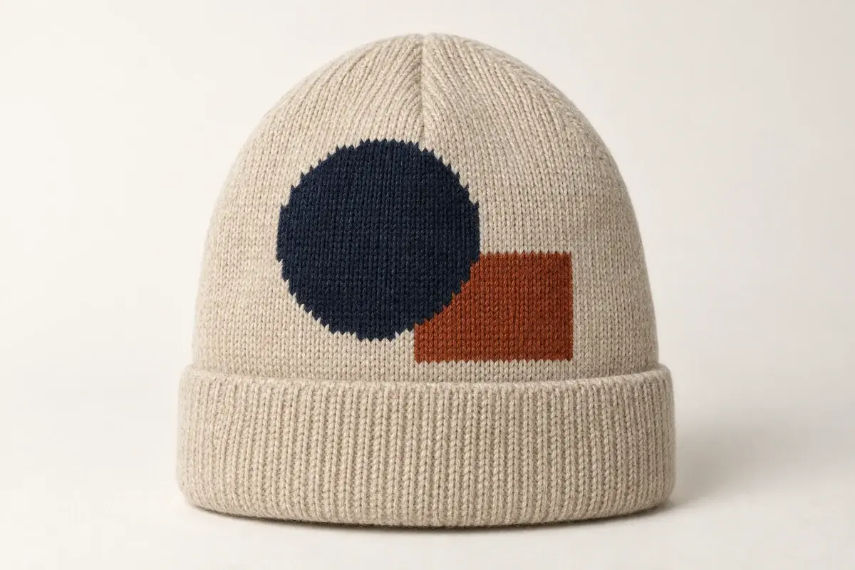 Cream beanie with a navy circle and rust block knitted into the front