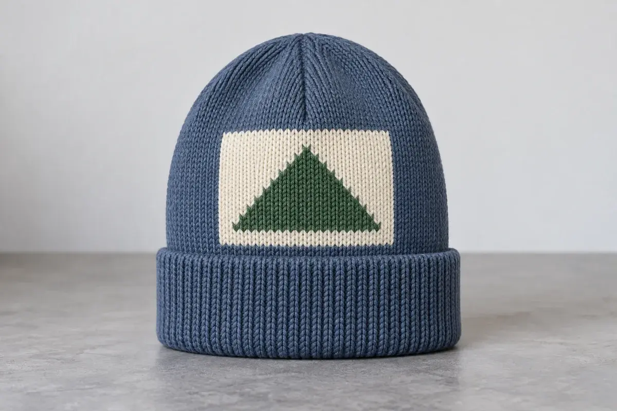 Blue beanie with a placed cream and green intarsia graphic