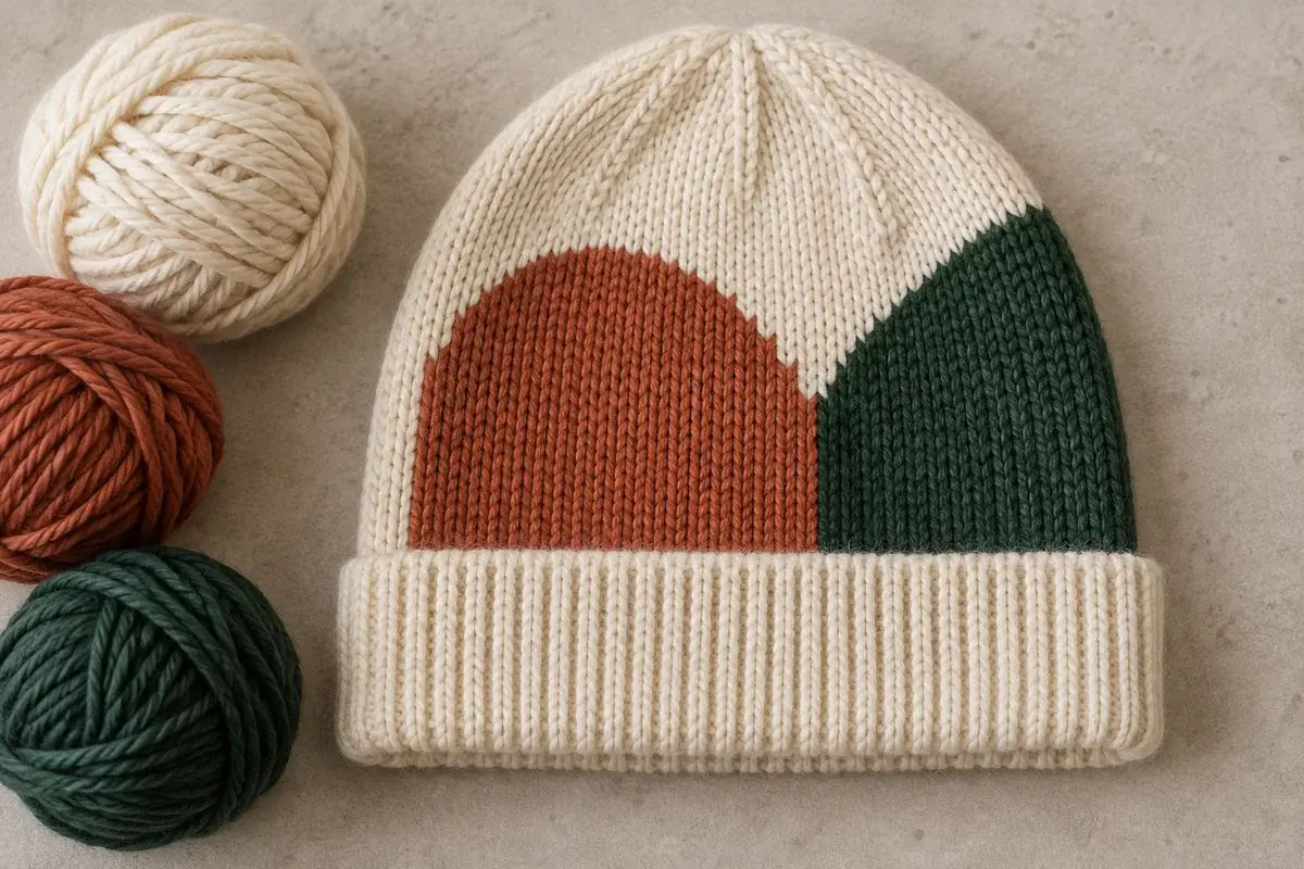 Cream beanie with adjoining rust and green knitted color areas