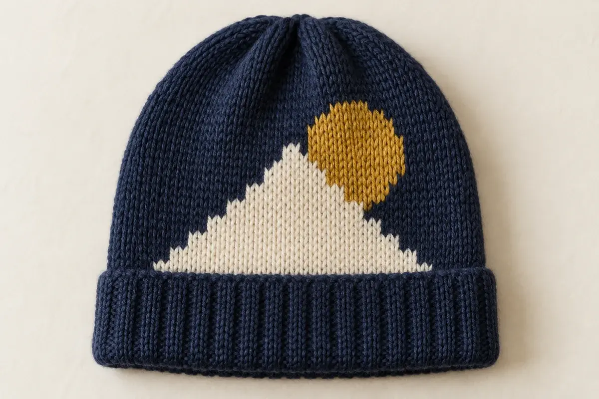 Navy beanie showing individual stitches in a placed graphic