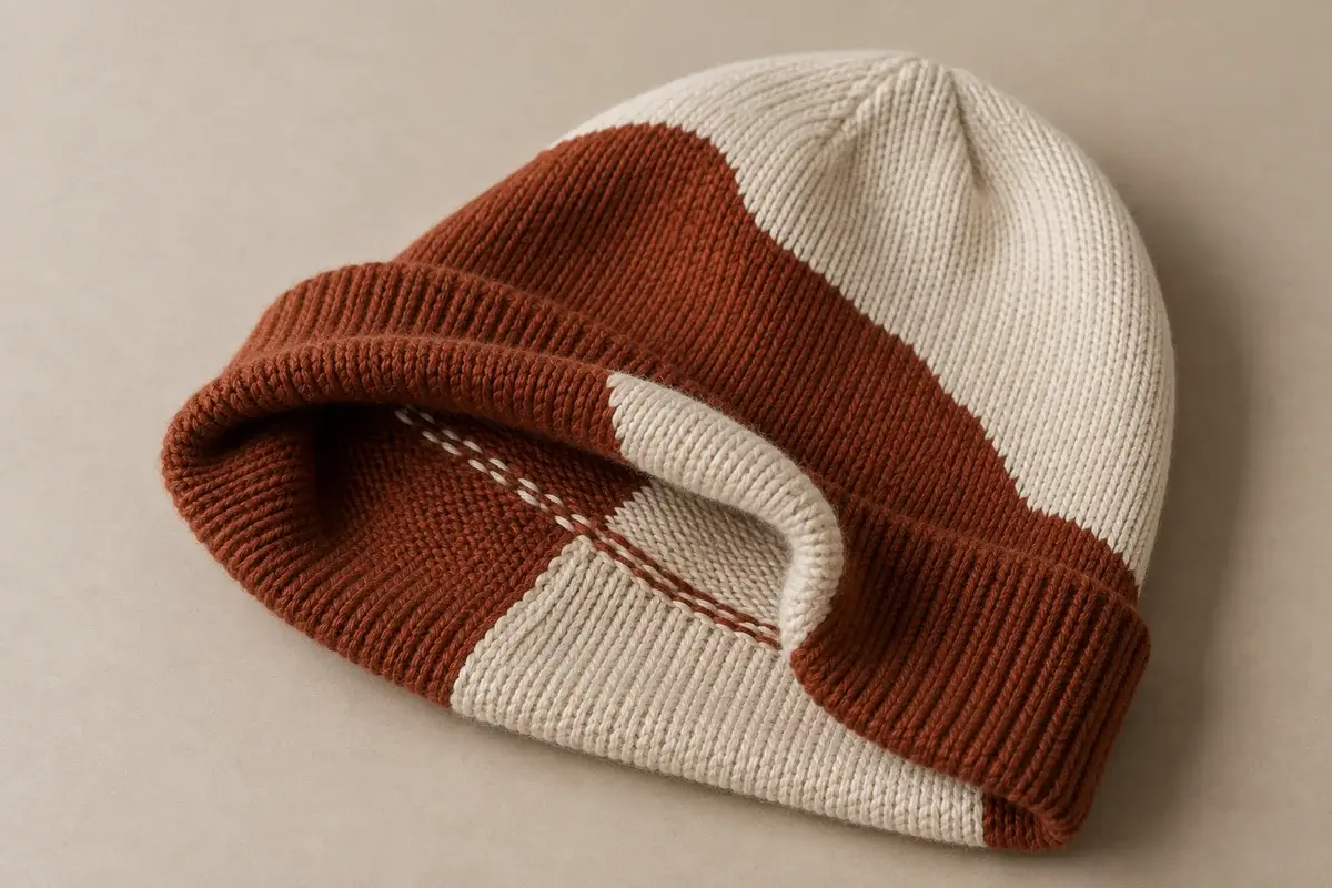 Partly turned two-color beanie showing inside yarn joins