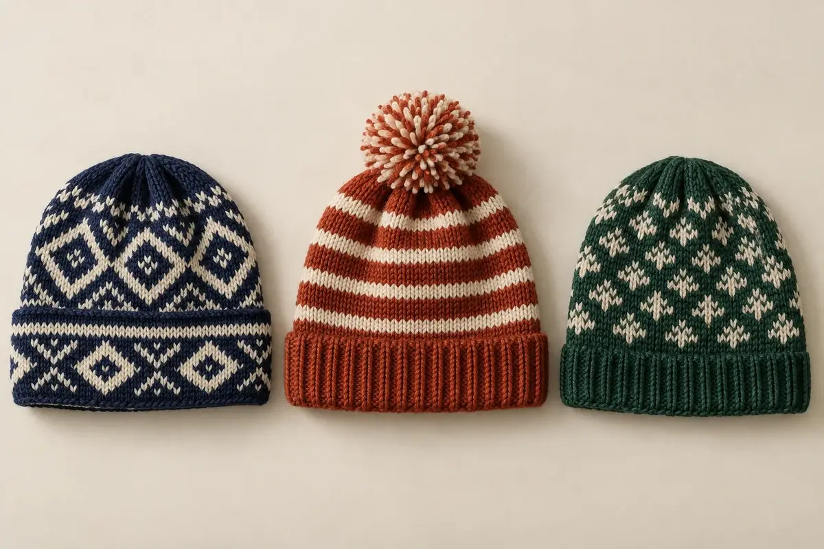 Three beanies with knitted jacquard motifs and stripes