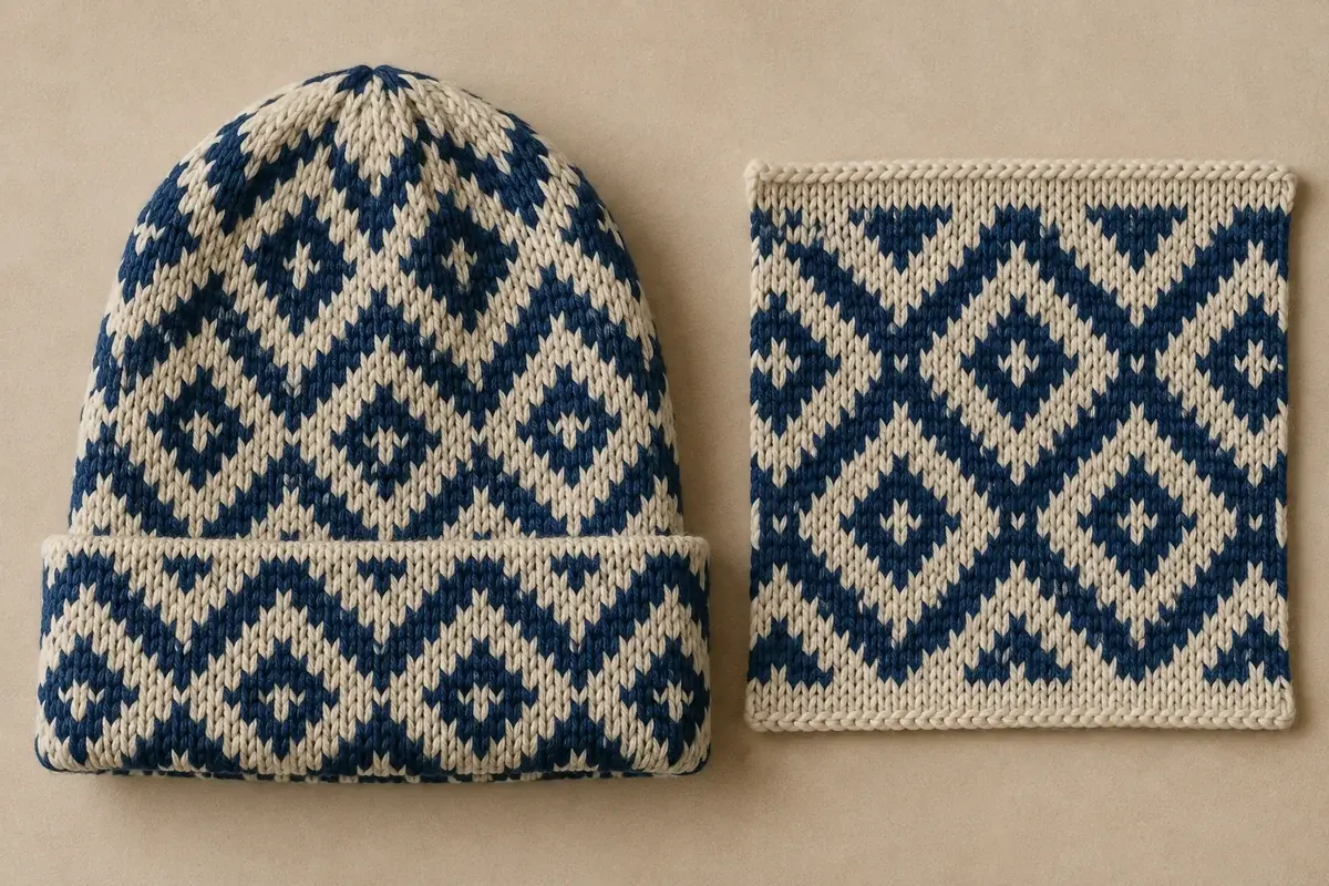 Cream and navy jacquard beanie beside a matching knit swatch