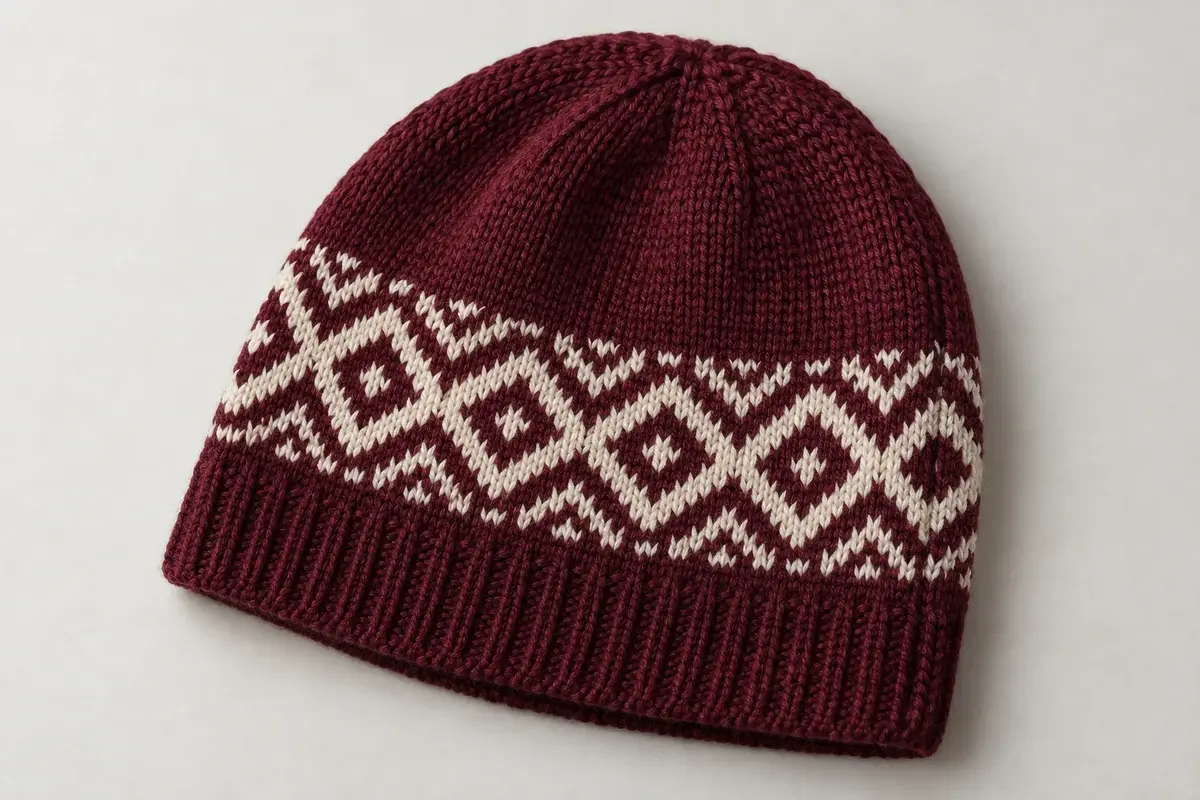 Burgundy beanie with a repeating cream diamond pattern