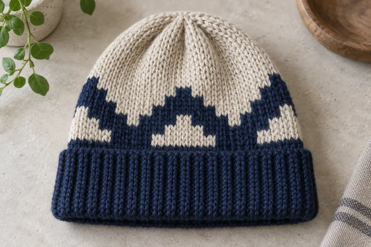 Cream and navy beanie showing individual jacquard stitches