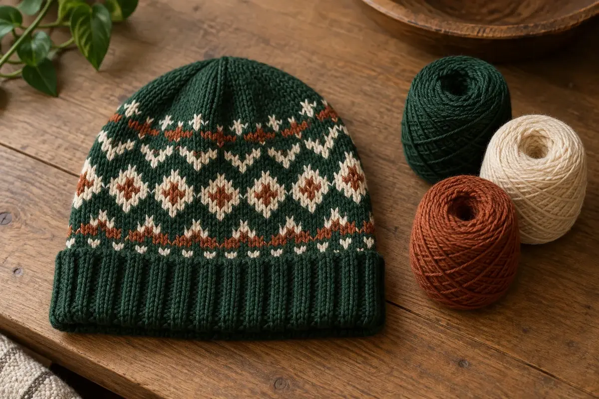 Green patterned beanie beside matching green, cream and rust yarn