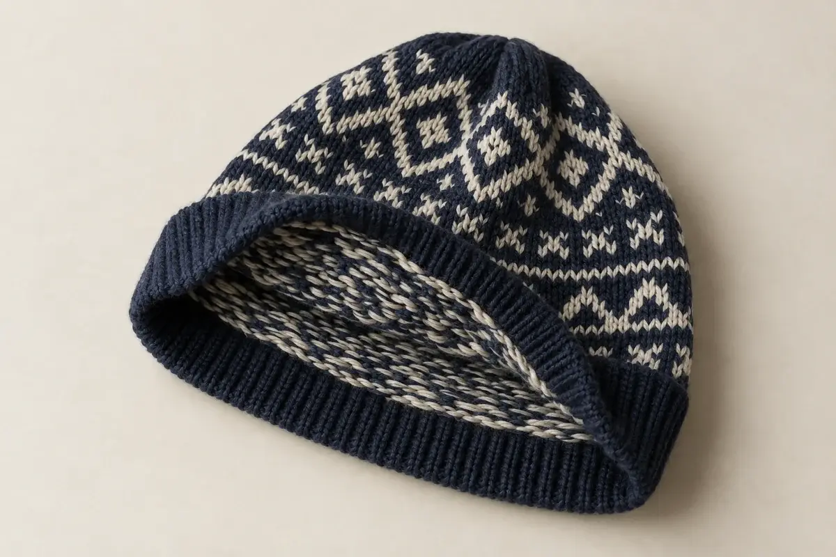 Partly turned jacquard beanie showing the inside yarn structure