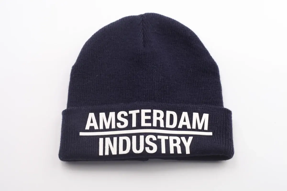 Navy beanie with the visible AMSTERDAM INDUSTRY text mark