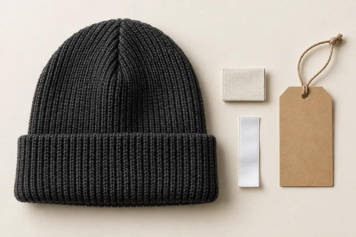 Charcoal knit beanie with blank woven and care labels and a kraft hangtag