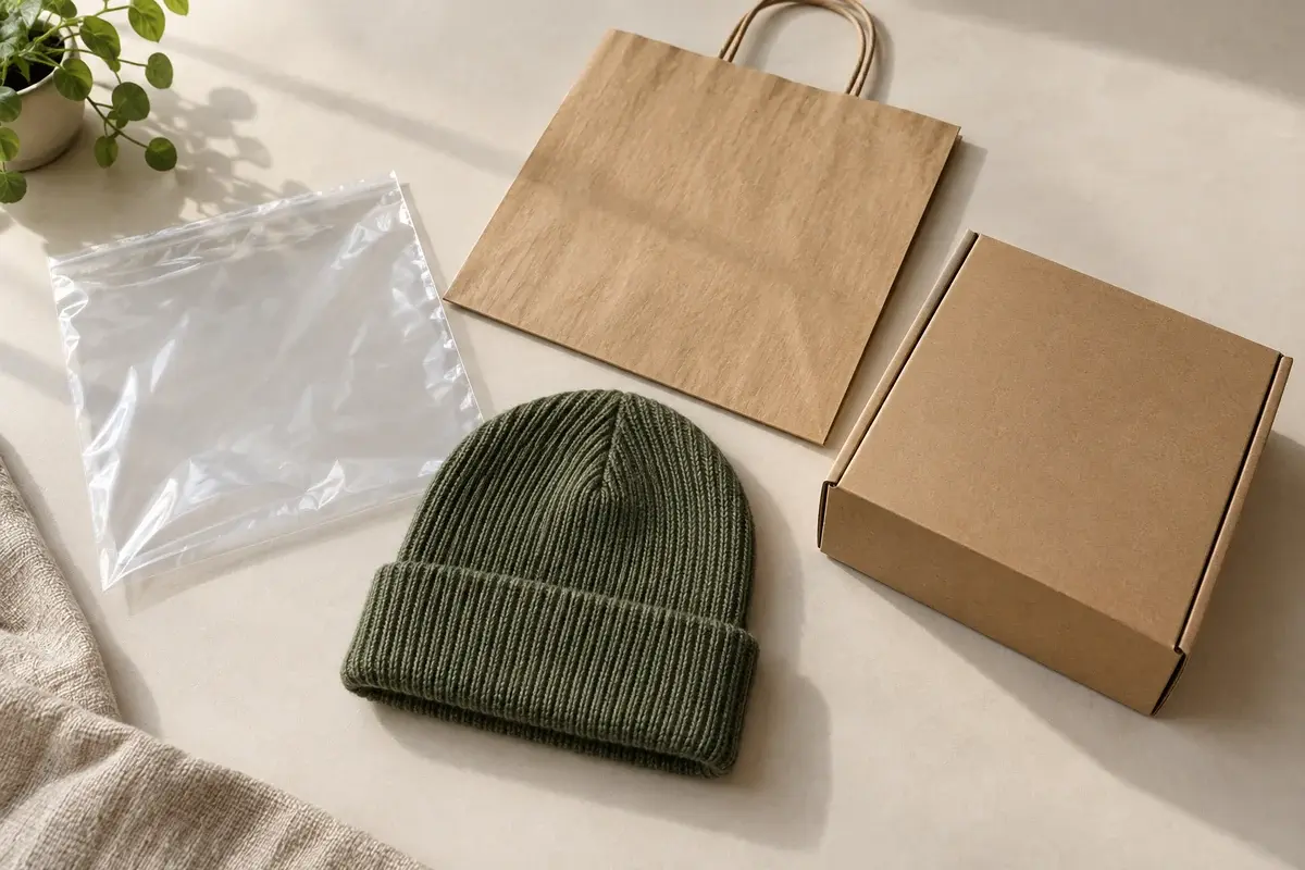 Knit beanie beside a clear bag, kraft paper bag and paper box