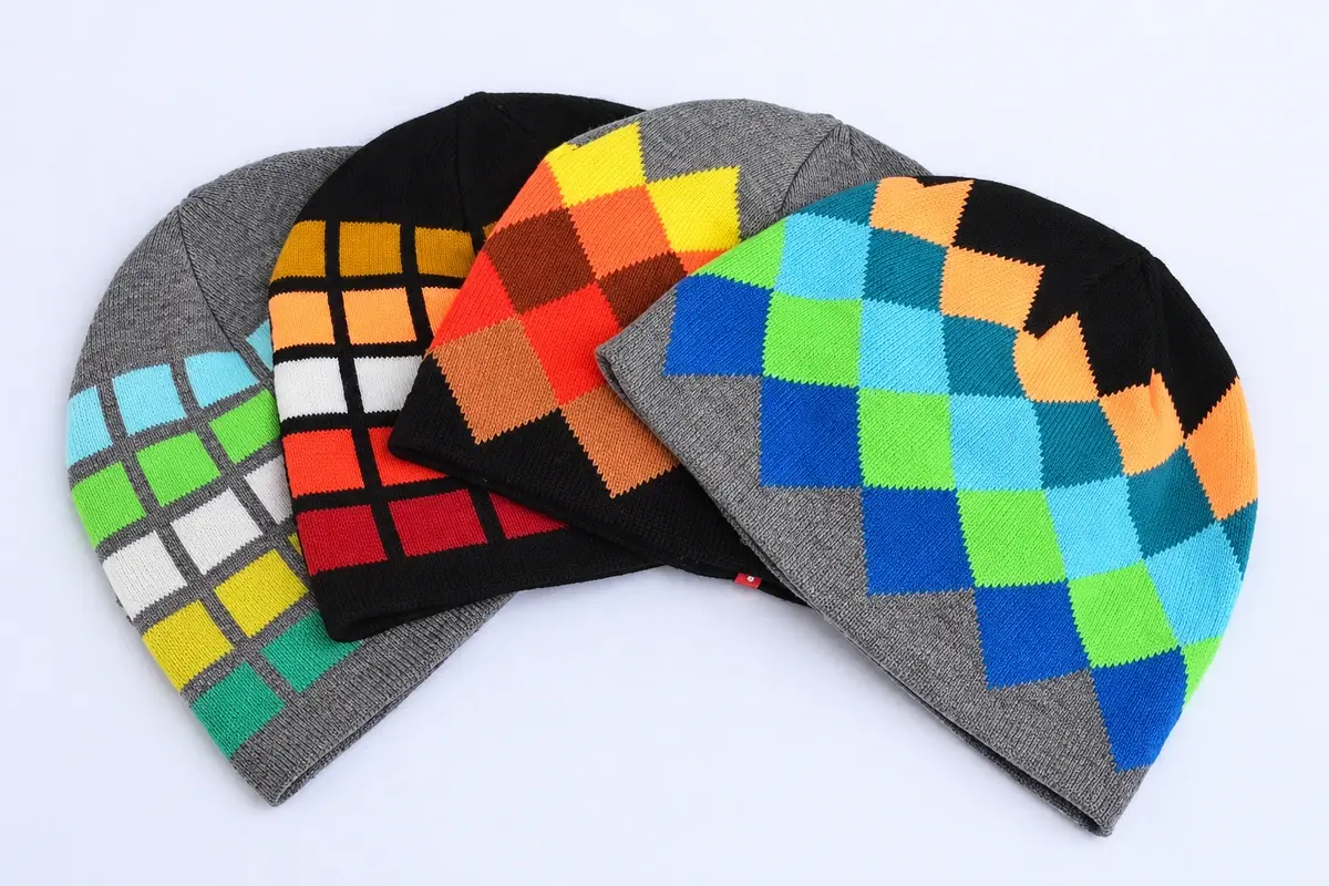 Four gray and black beanies with bright multicolor jacquard patterns.
