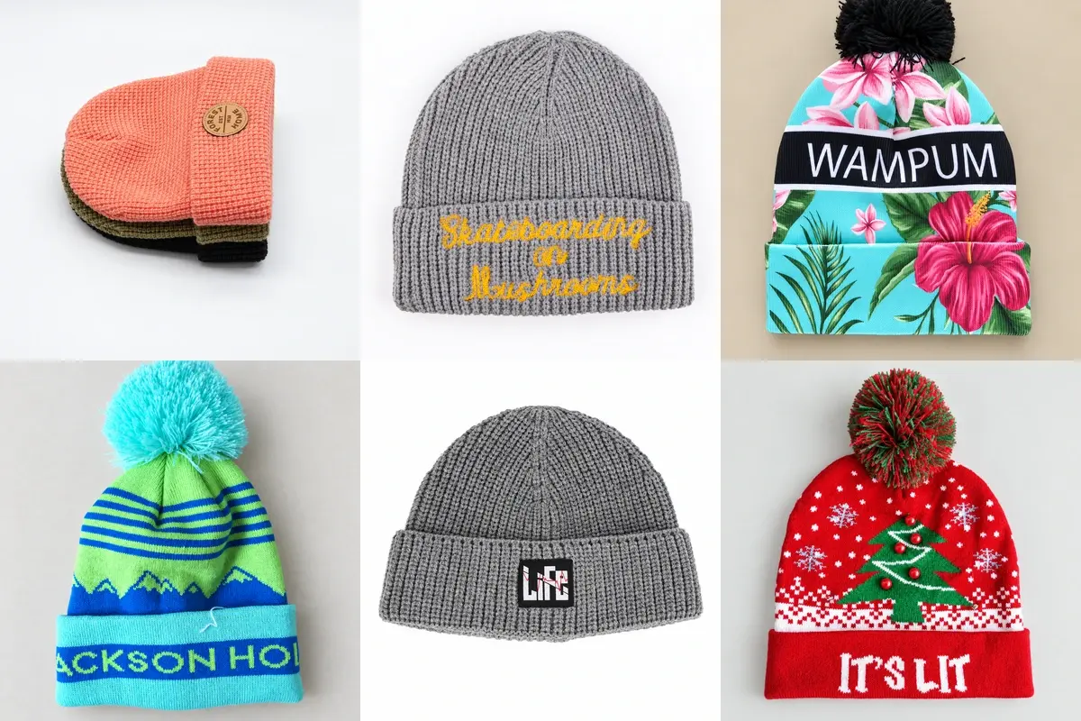 Six custom beanie styles with embroidery, patches, prints, jacquard patterns and pom poms