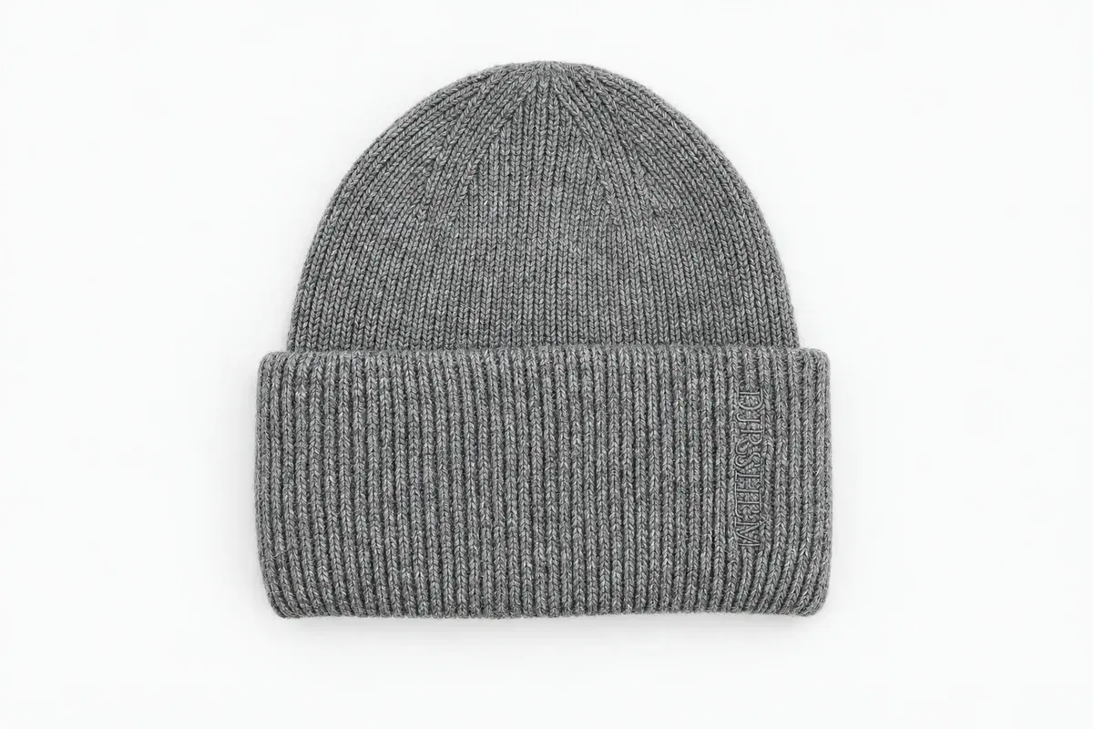 Gray rib-knit cuffed beanie with small side label
