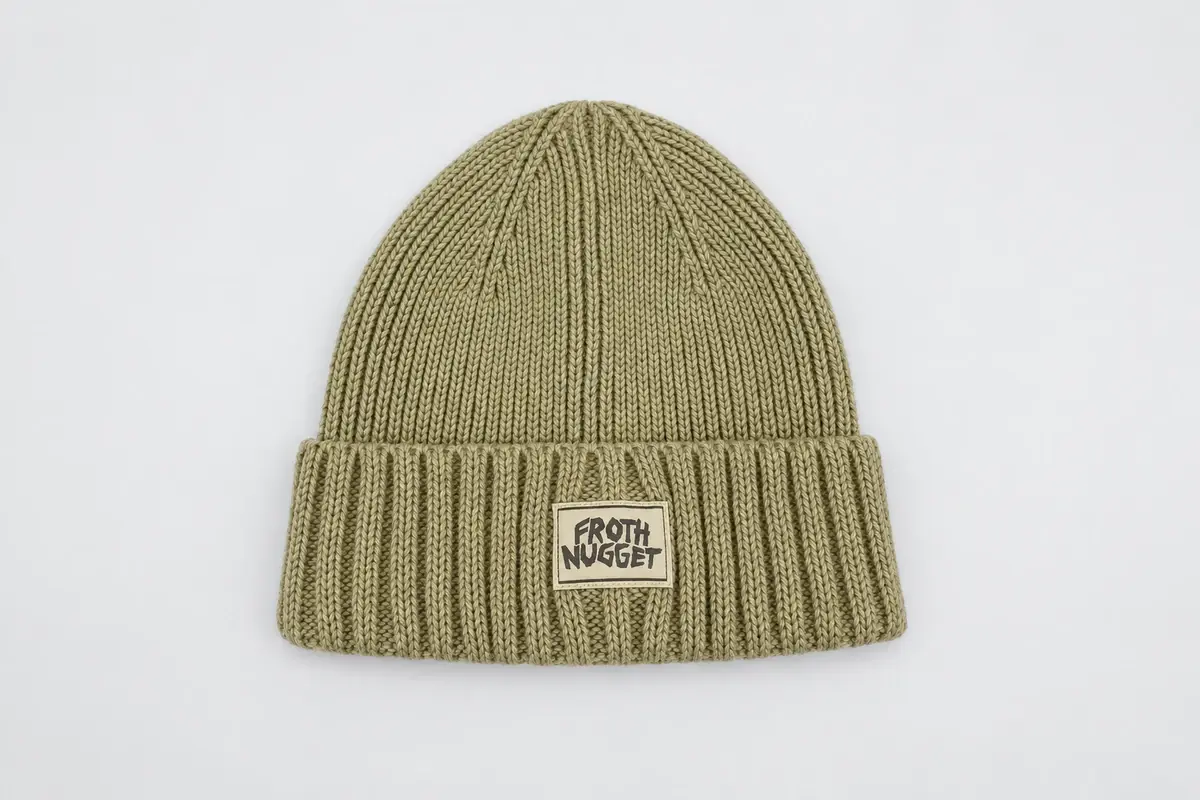 Olive rib-knit cuffed beanie with front patch