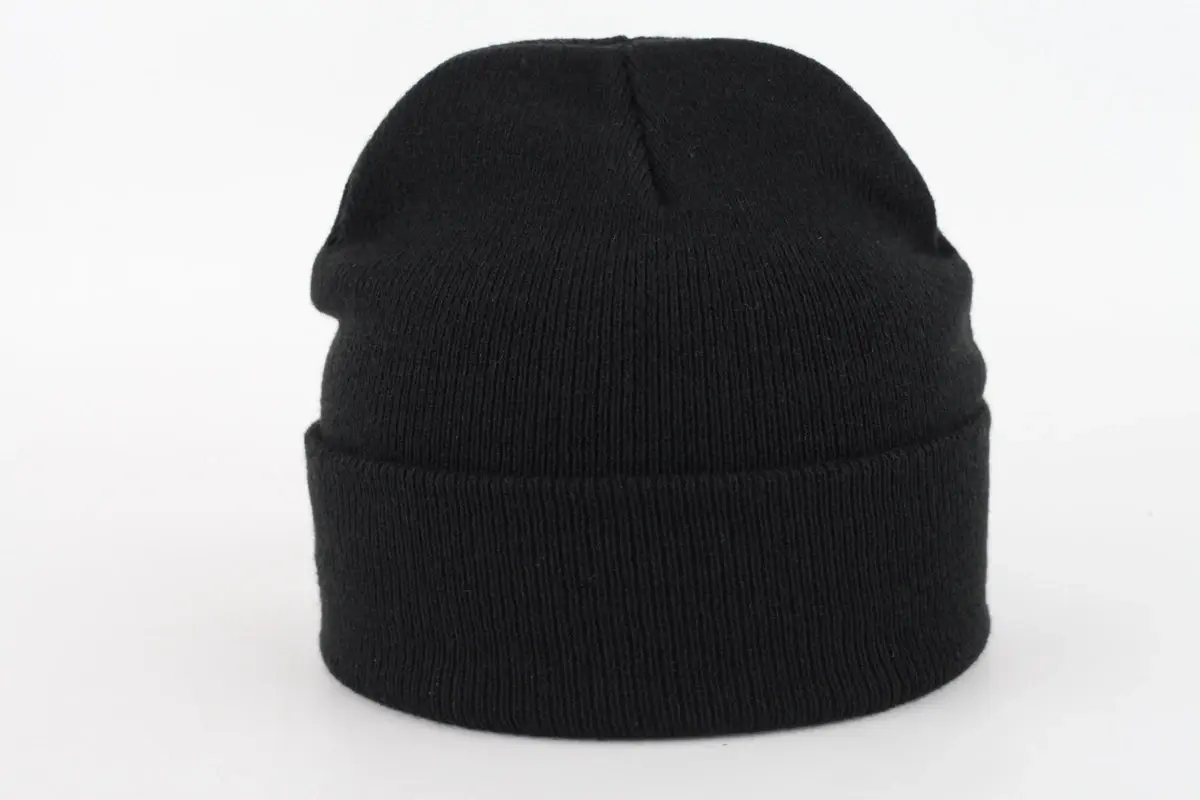 Black rib-knit beanie viewed from the rear