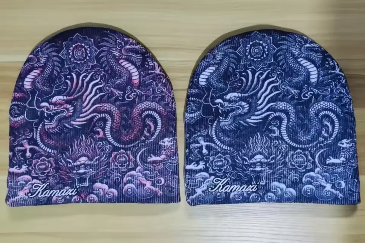 Two views of a dark patterned cuffless knit beanie with straight lower edges.