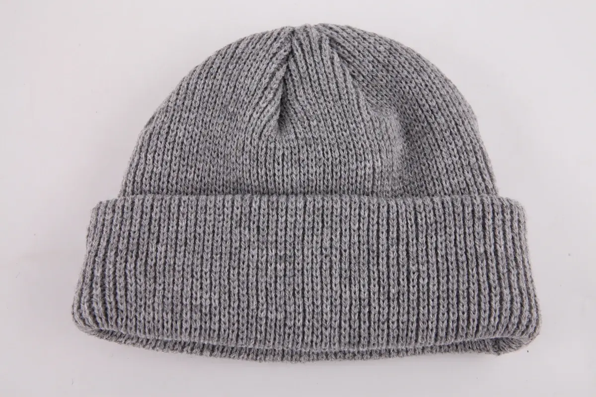 Light gray rib-knit beanie with a folded cuff