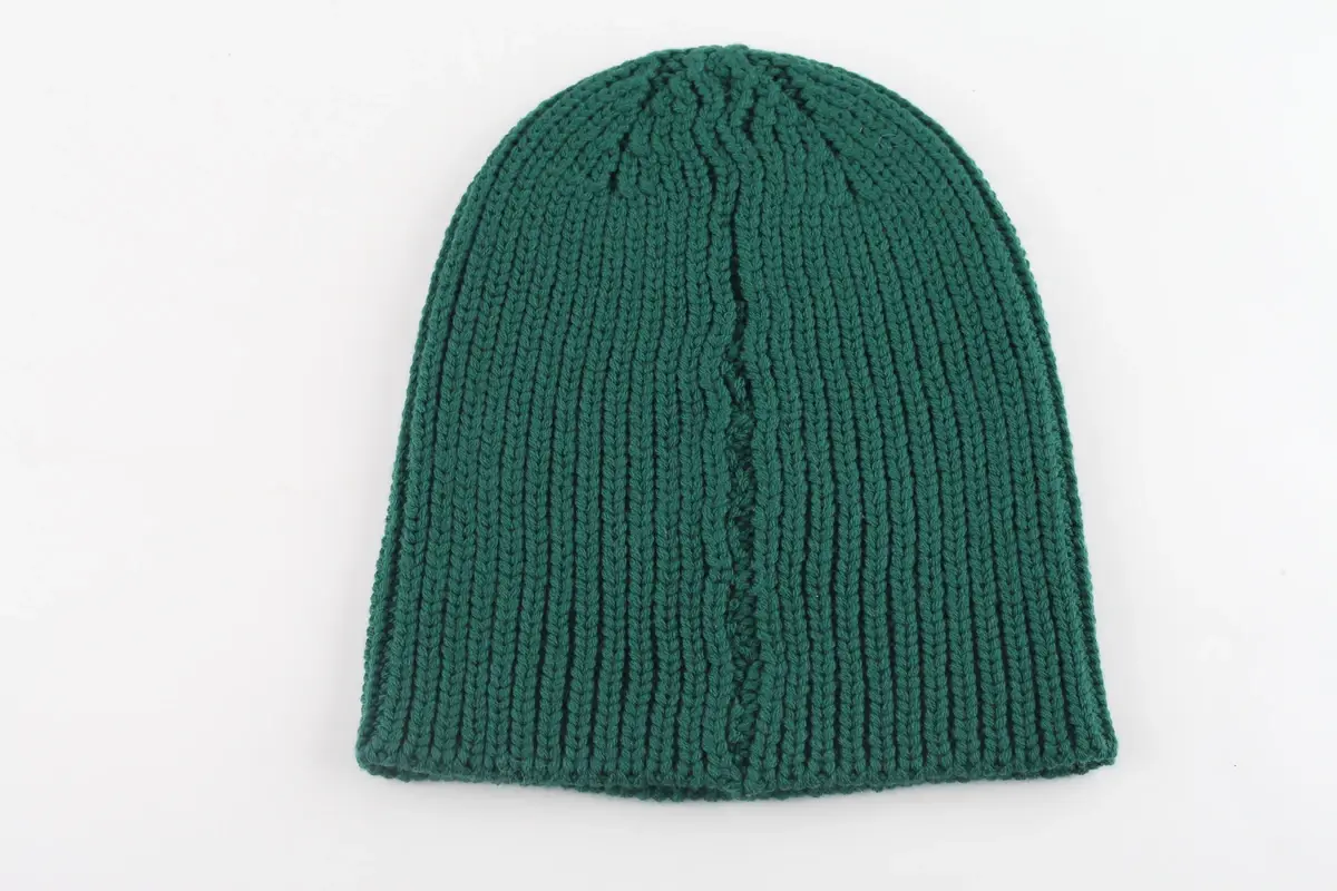 Dark teal knit beanie without a folded cuff