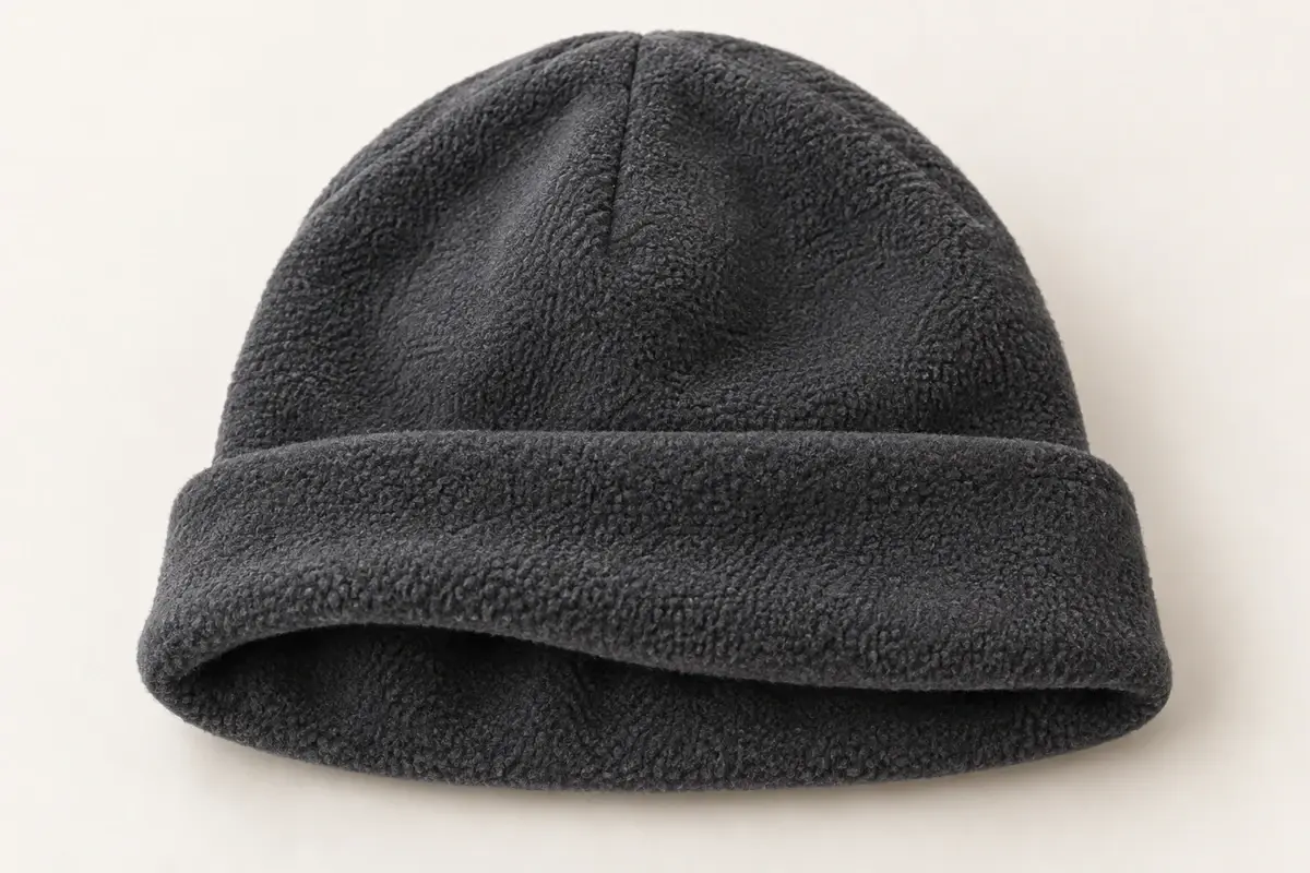 Charcoal beanie with a visibly brushed fleece surface