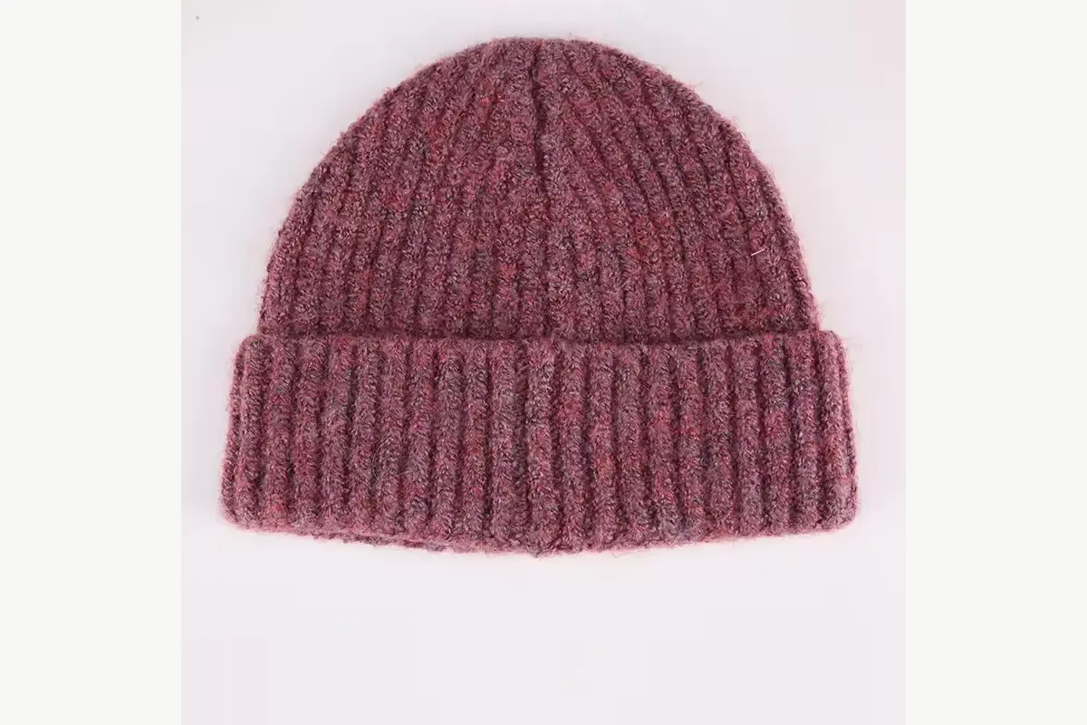 Burgundy textured rib-knit beanie with a folded cuff