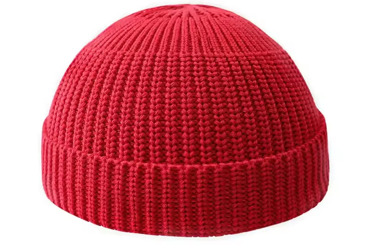Red rib-knit beanie with a folded cuff.