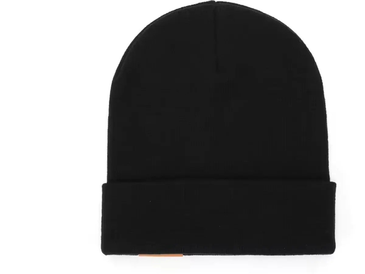 Black rib-knit beanie with a folded cuff.