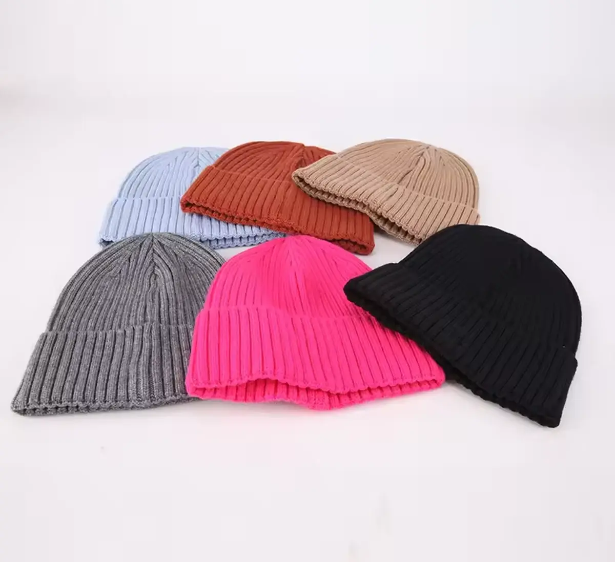 Rib-knit beanies in several colors.