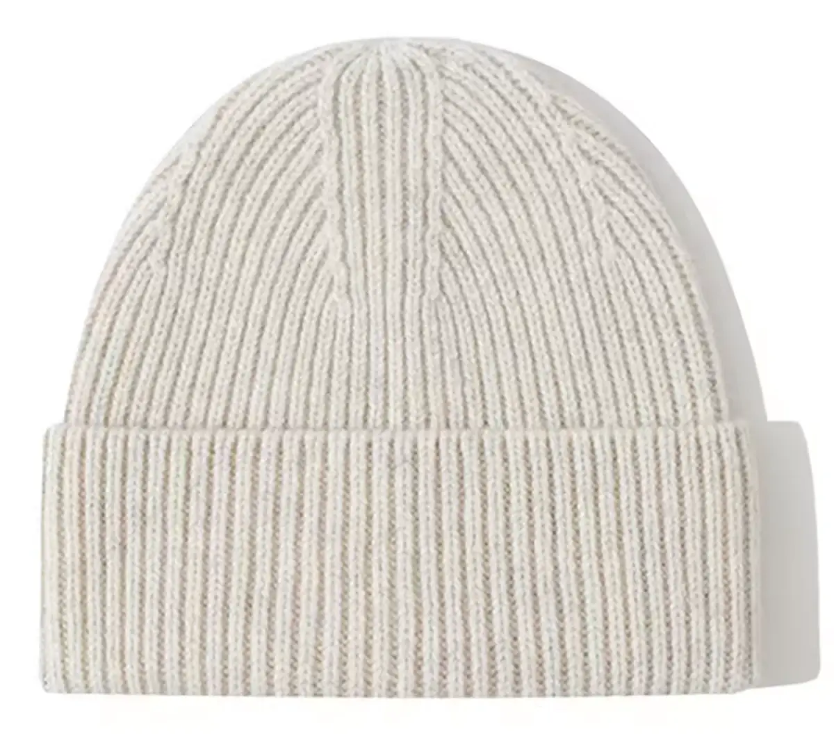 White rib-knit beanie with a folded cuff.