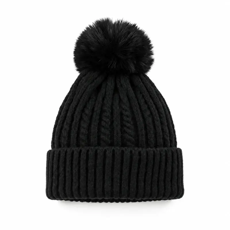 Black rib-knit beanie with a faux fur pom pom