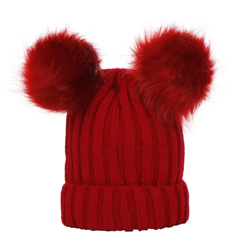 Red rib-knit beanie with two matching pom poms