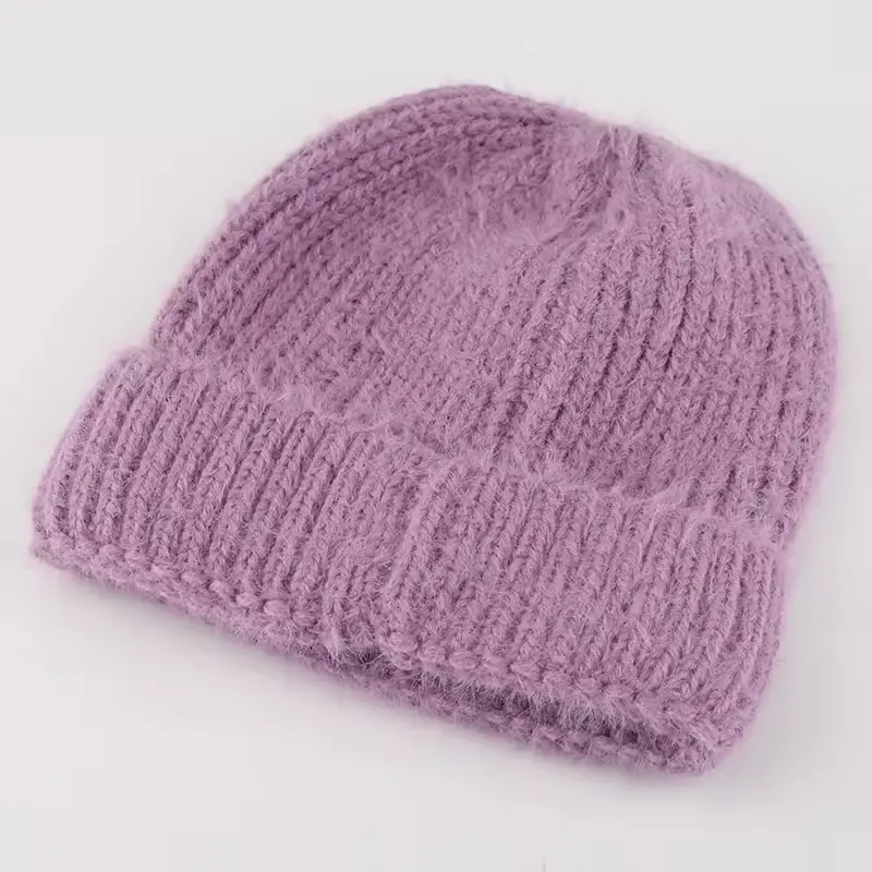 Lavender rib-knit beanie with a long relaxed crown and cuff