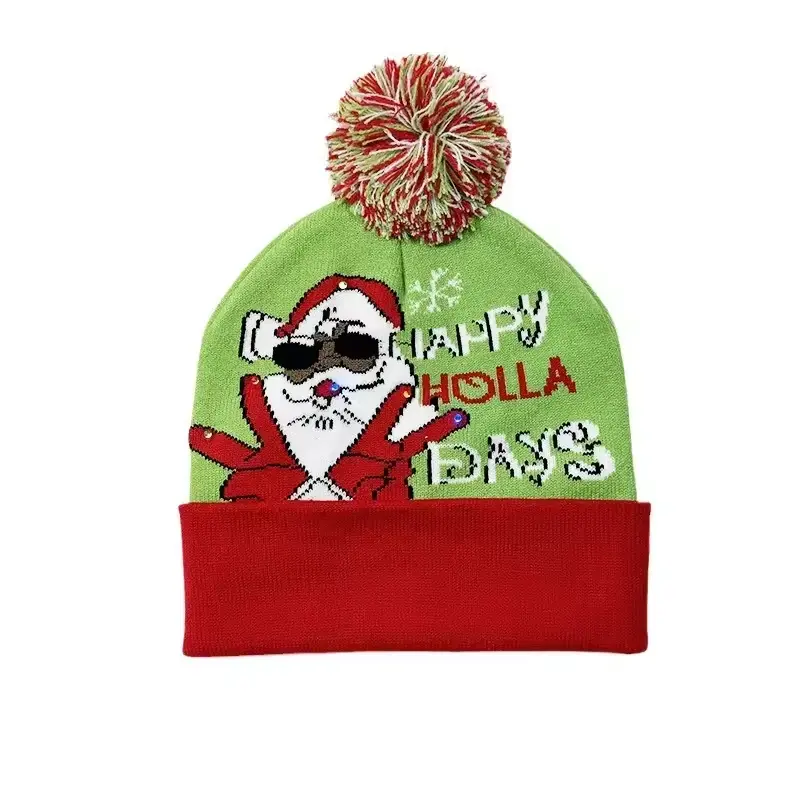 Green and red Christmas beanie with Santa motif and multicolor pom pom