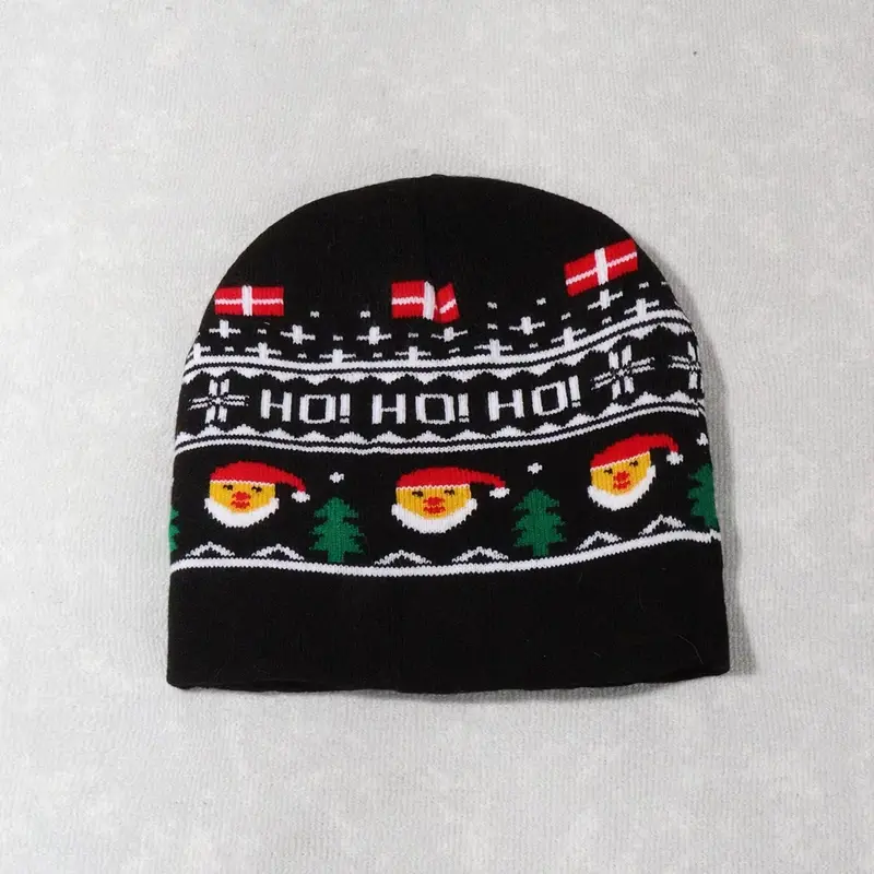 Black Christmas beanie with knitted words, snowflakes and festive motifs