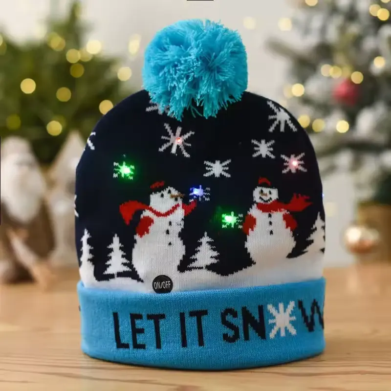 Navy Christmas pom beanie with snowmen, illuminated LEDs and an ON/OFF switch