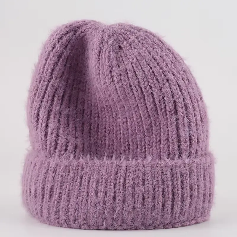 Lavender chunky knit cuffed beanie viewed from the back
