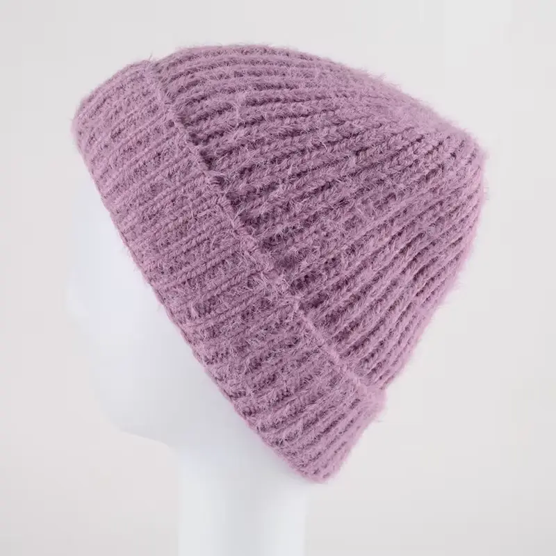 Lavender chunky knit beanie shown from the side