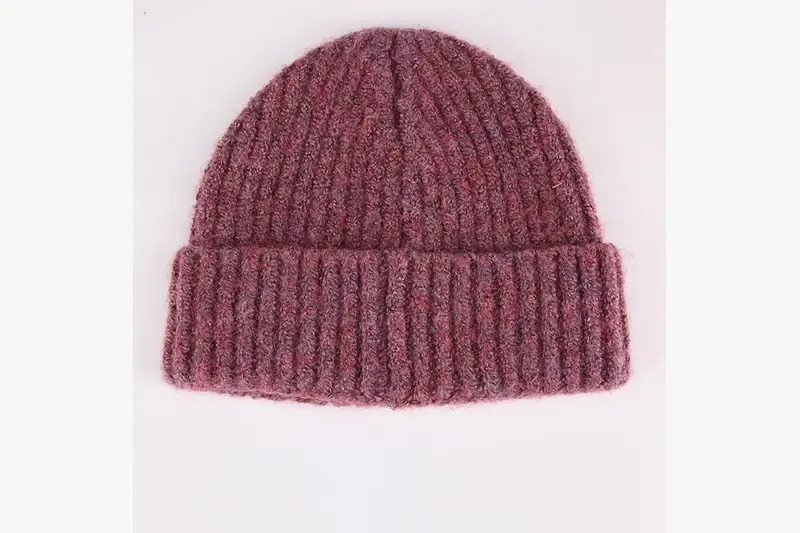 Burgundy ribbed cuffed beanie photographed as a sample