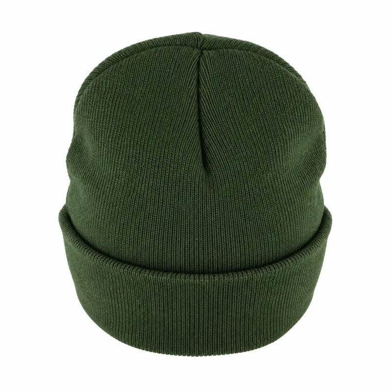 Dark green ribbed cuffed beanie shown from the front