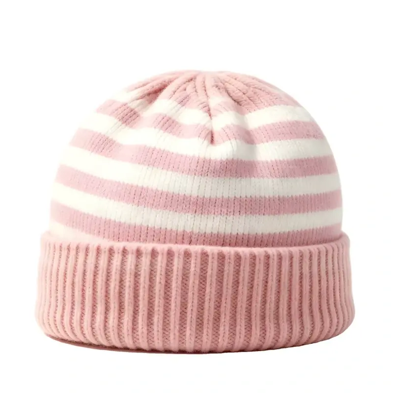 Pink and white striped knit beanie with a ribbed folded cuff, front view.