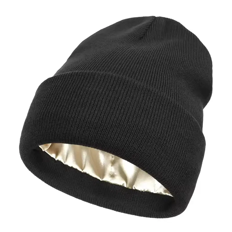 Black beanie showing its shiny inner lining