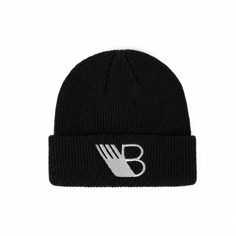 Black short cuffed beanie with embroidered logo shown from the front