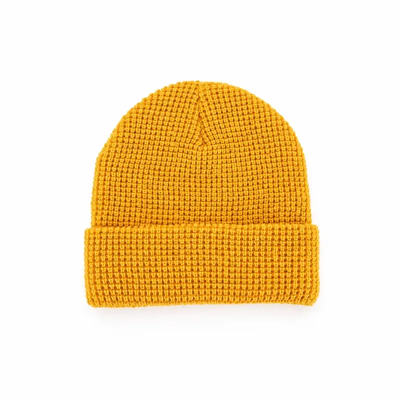 Yellow short cuffed beanie shown from the front
