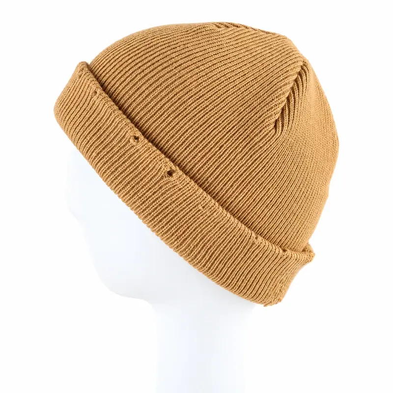 Tan ribbed short fisherman beanie shown at an angle