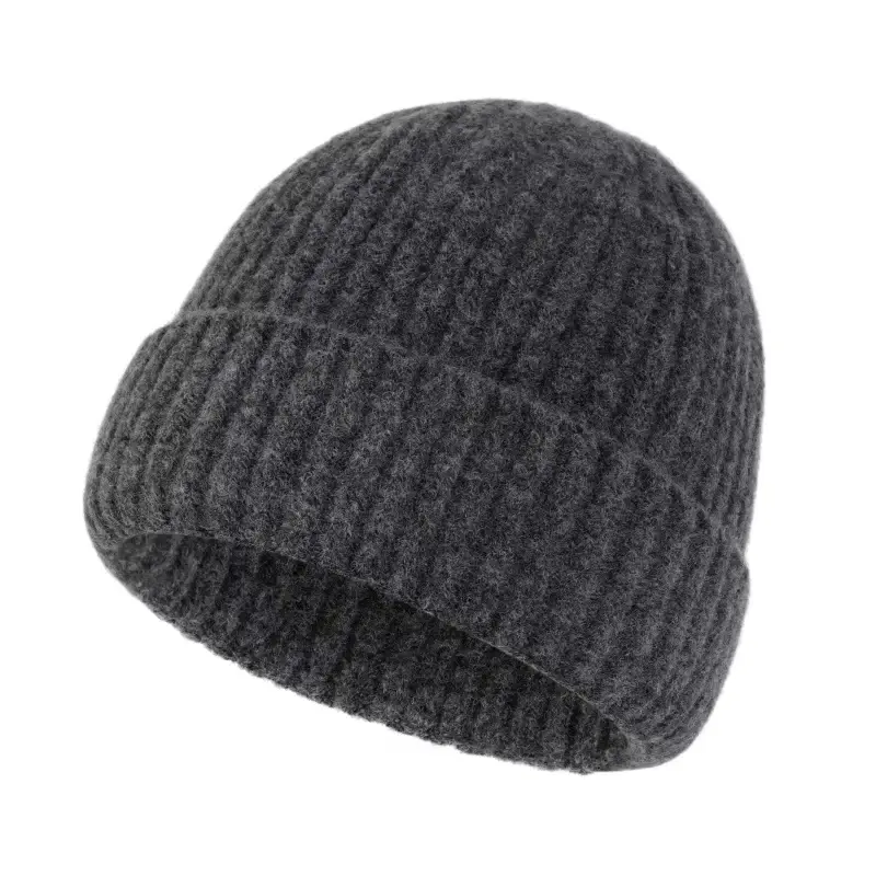 Dark gray textured short beanie with a folded cuff