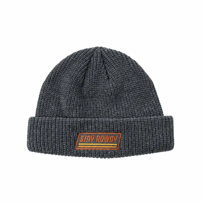 Dark gray short cuffed fisherman beanie with a rectangular front patch