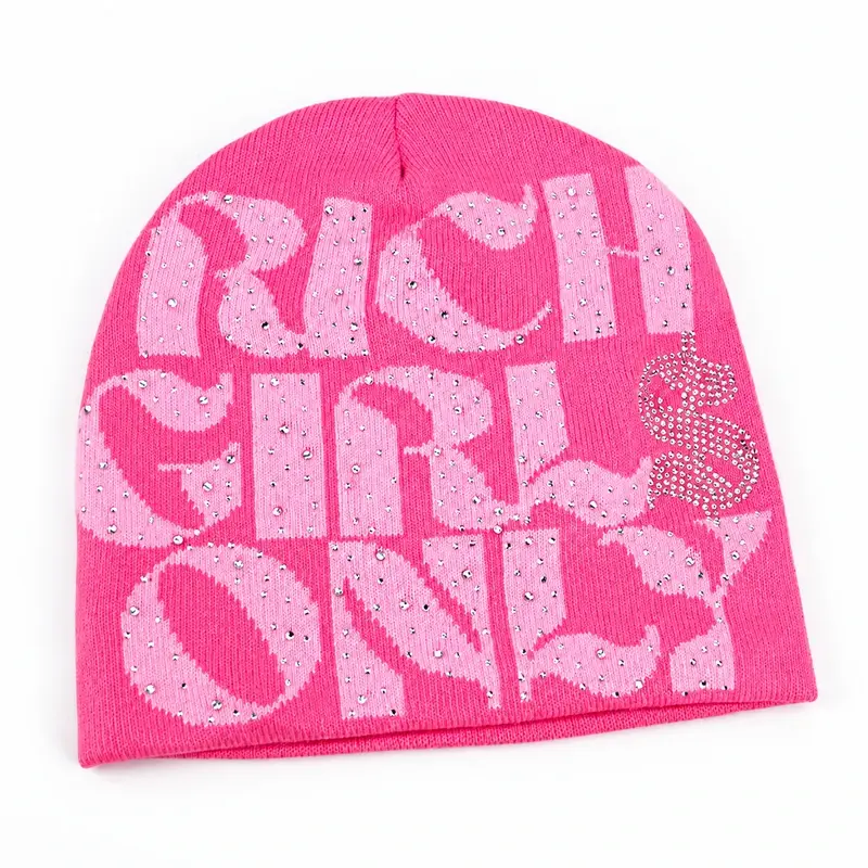 Bright pink double-layer cuffless beanie with embellished lettering