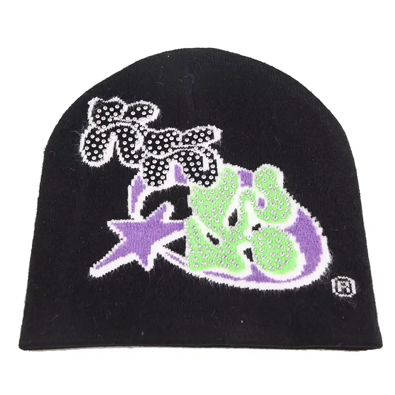 Black cuffless knit beanie with a colorful front graphic