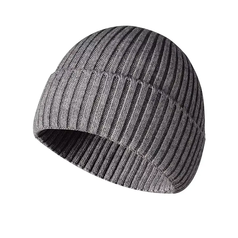 Gray rib-knit cuffless beanie with a close fitting crown
