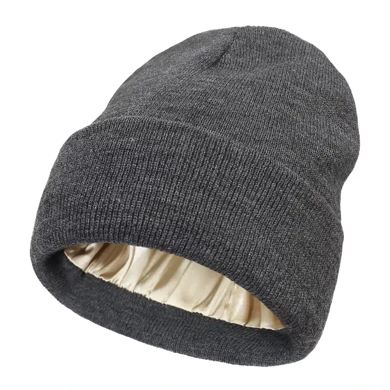 Gray oversized knit beanie with its inner layer visible at the opening