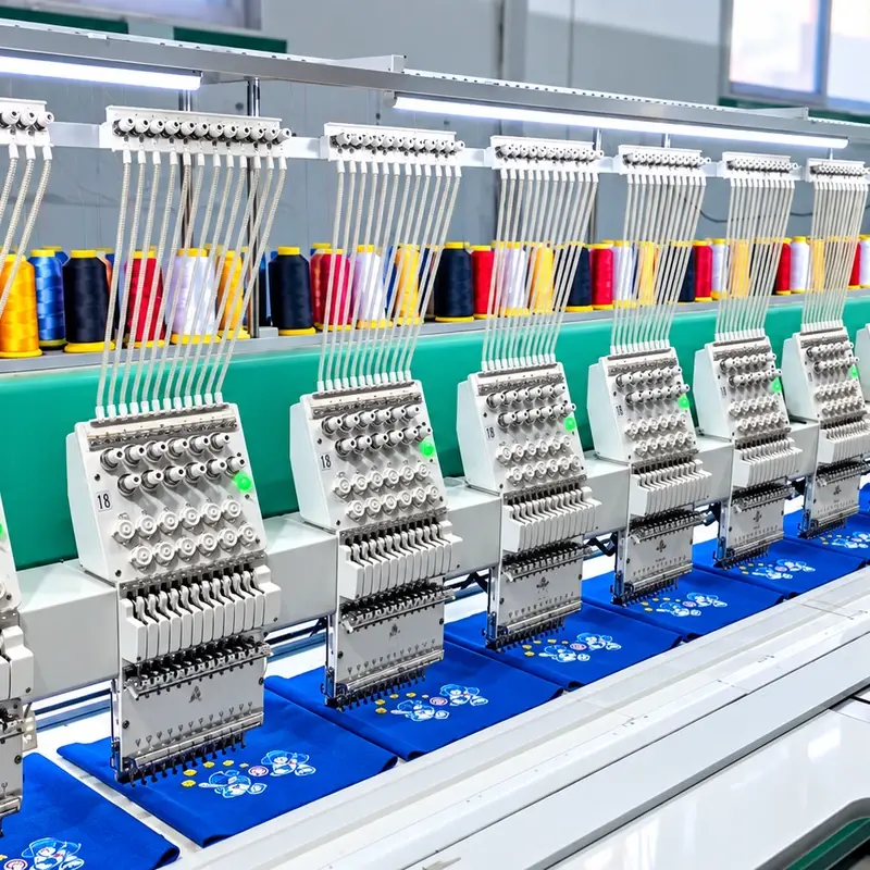 Production line of multihead machines stitching knit panels with colored thread